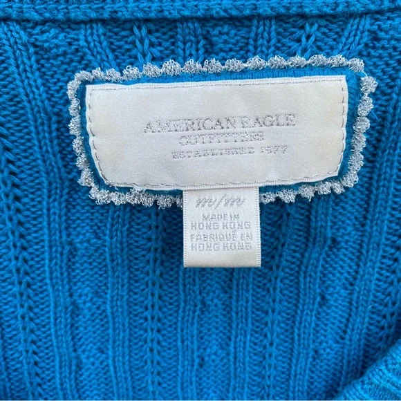 Y2K American Eagle Sweater Womens Medium Slim Blue Cable Knit Schoolgirl Preppy - Picture 5 of 5